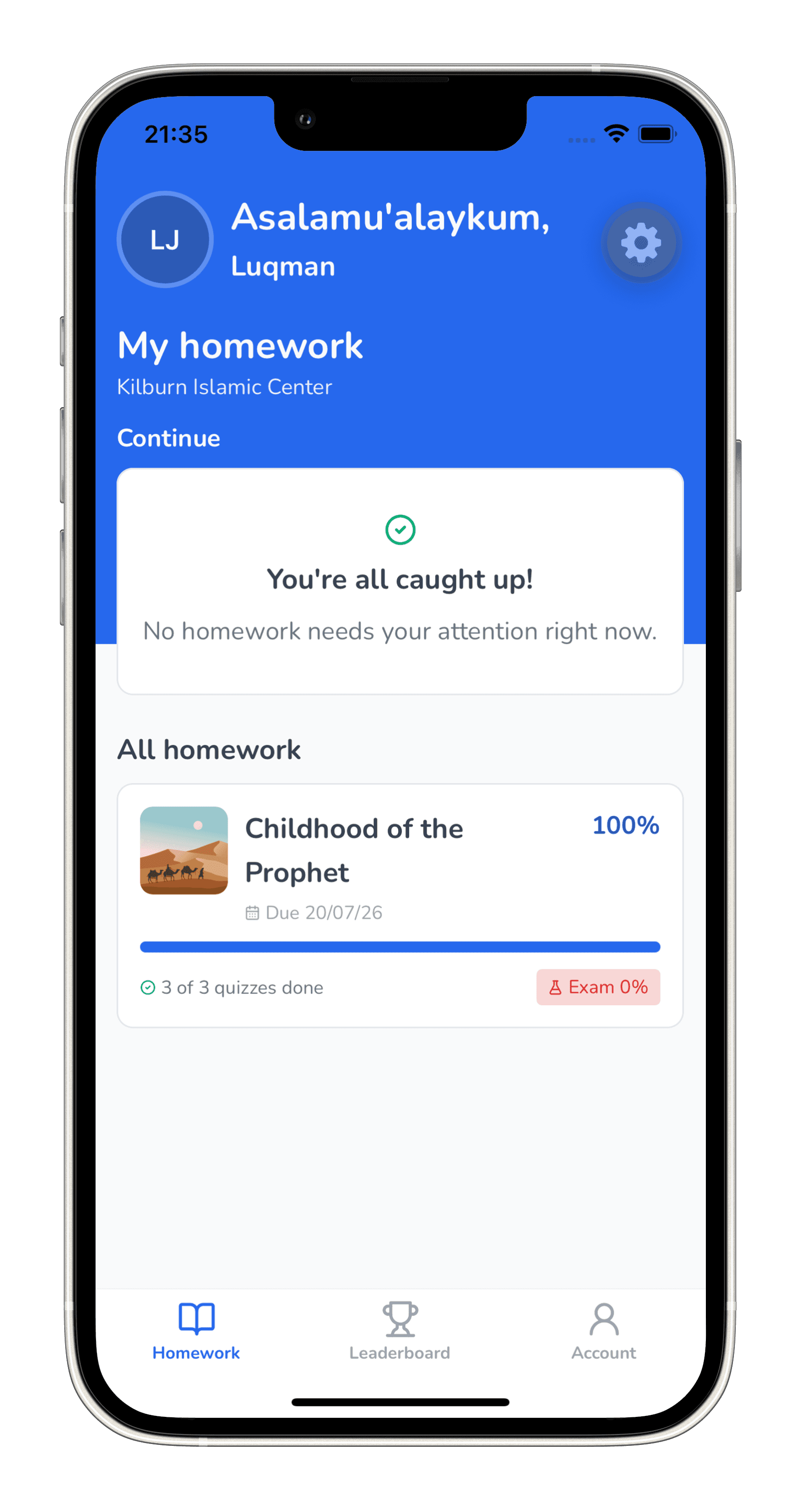 The Bookworm School app showing a student's homework, in the school's own colours