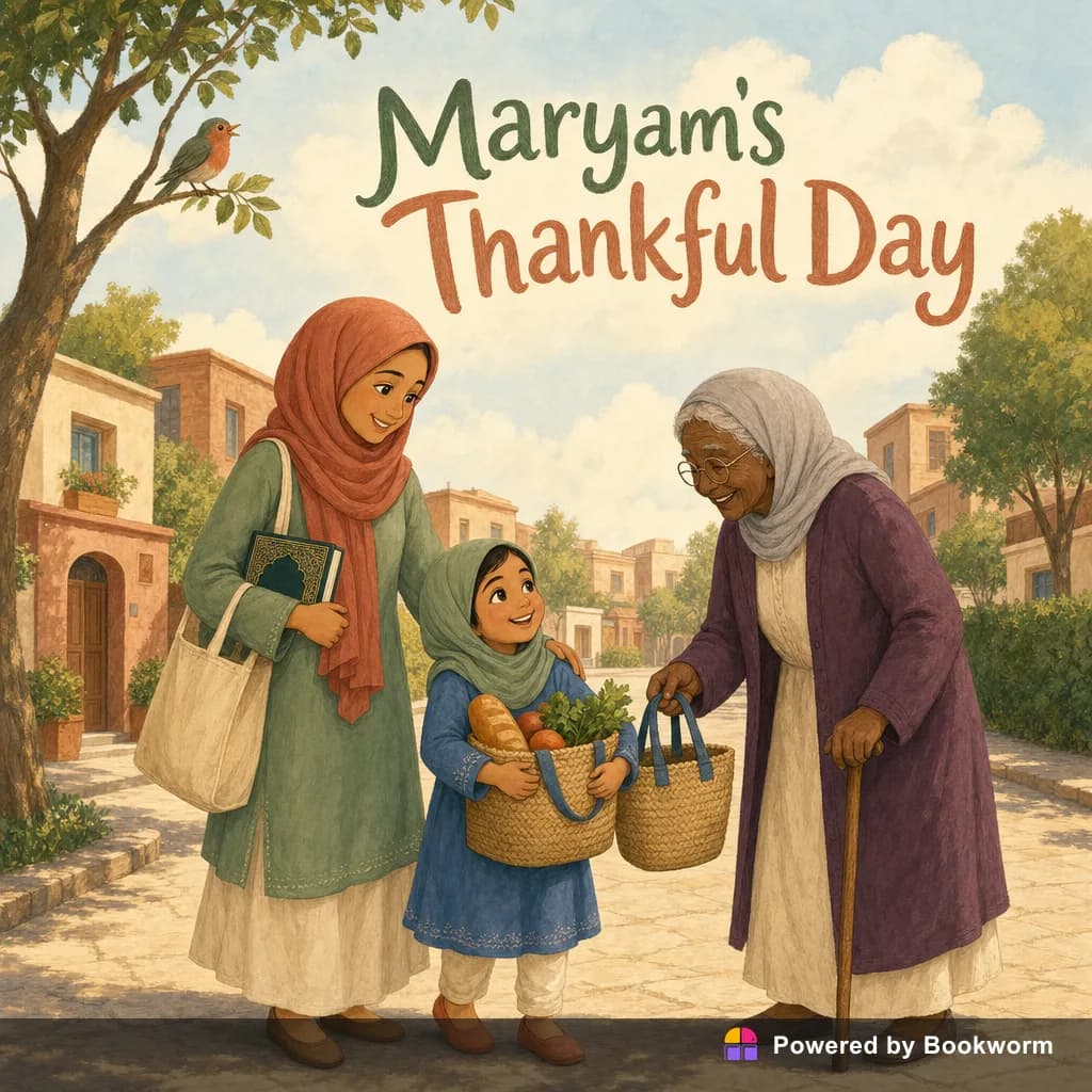 A Rawi Kids book cover: A young girl named Maryam on a sunny day outdoors, suggesting her happy and thankful day with her mother.